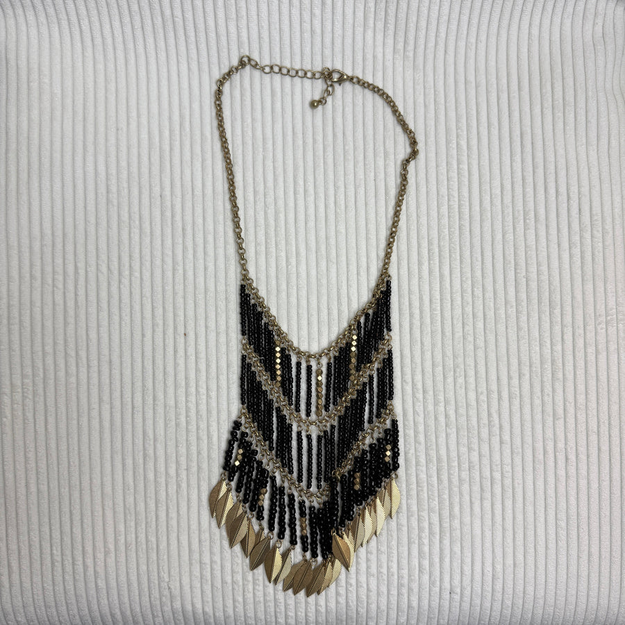 Black and Gold Leaf Bib Necklace - front view