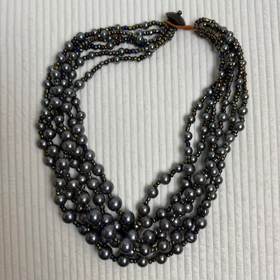 Gray Multi-Strand Pearl Choker Necklace - front view