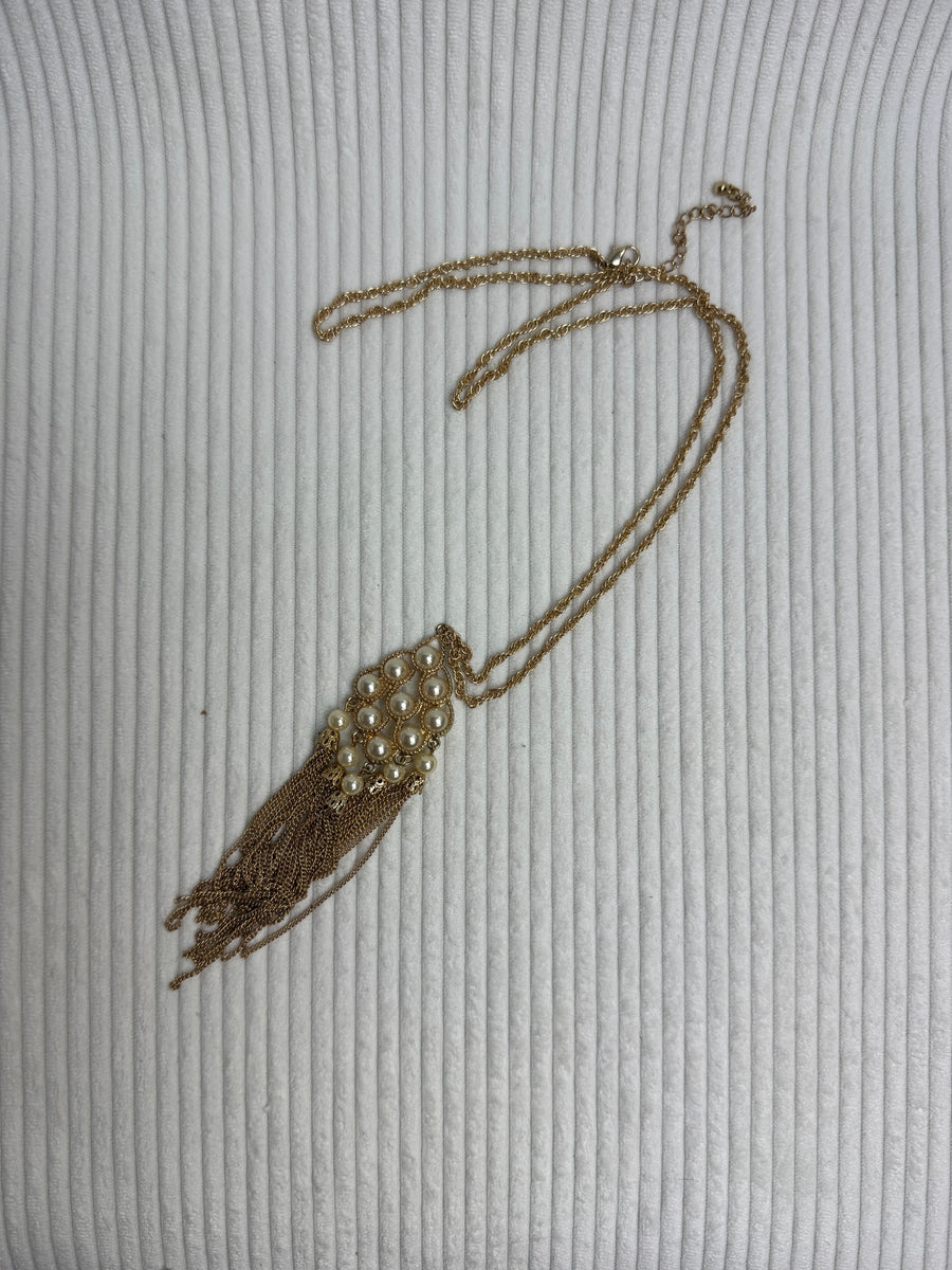 Banana Republic Gold Faux Pearl Tassel Necklace - front view