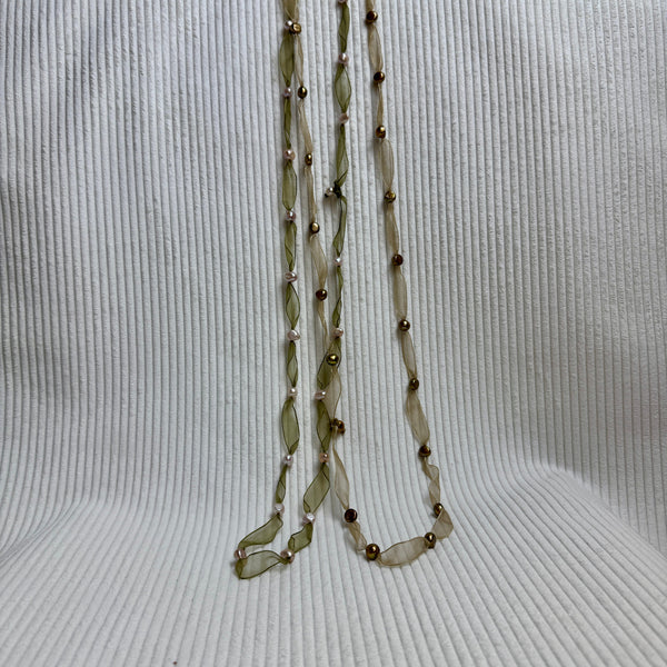 Freshwater Pearl Organza Ribbon Necklace Sage Green - front view