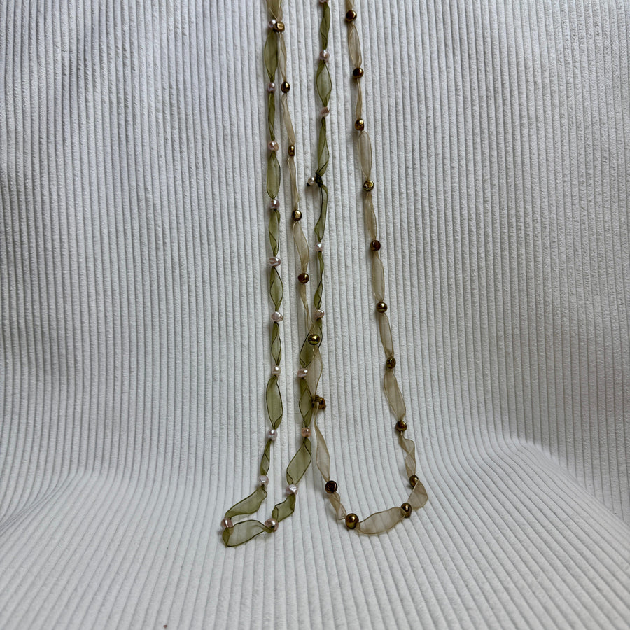 Freshwater Pearl Organza Ribbon Necklace Sage Green - front view