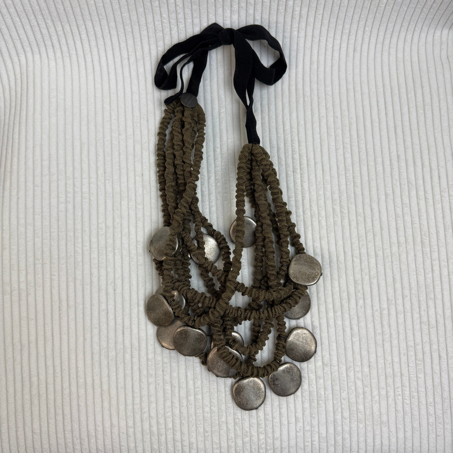 Multi-Strand Brown Cord Disc Statement Necklace - front view