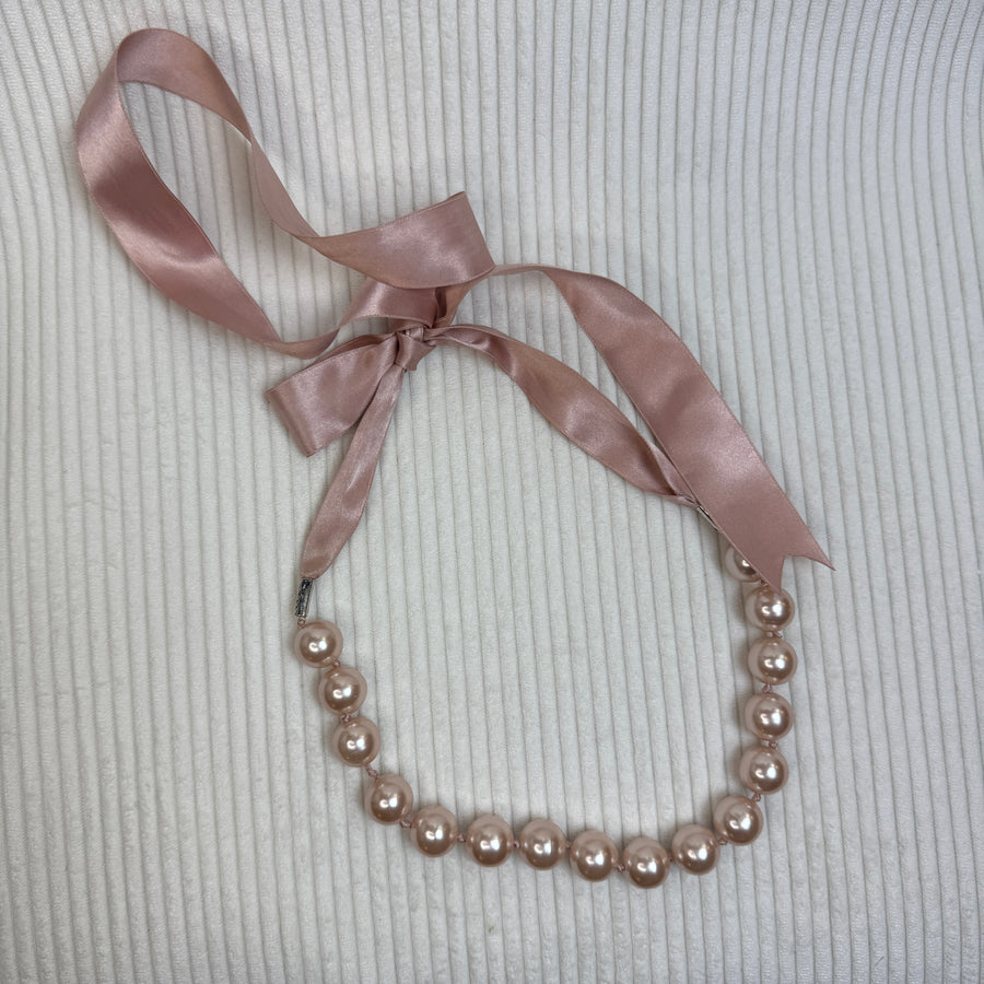 Dusky Rose Faux Pearl Ribbon Necklace - front view