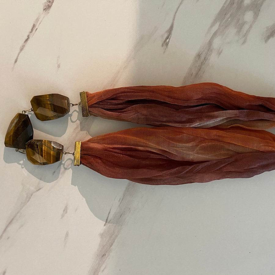 Brown Tiger's Eye Fabric Ribbon Dangle Earrings - front view