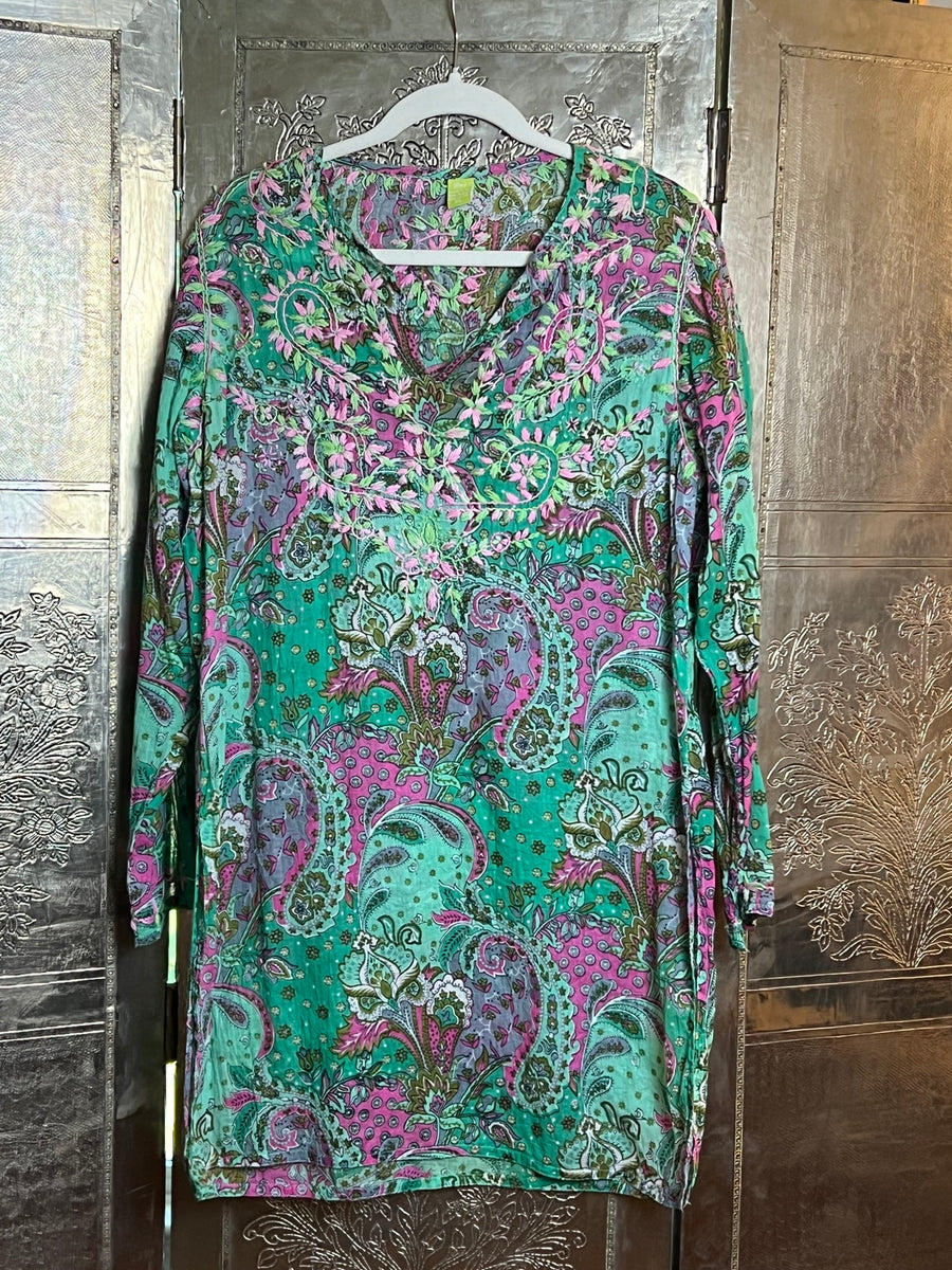 Raj Green Pink Embroidered Tunic Size XL photo 1