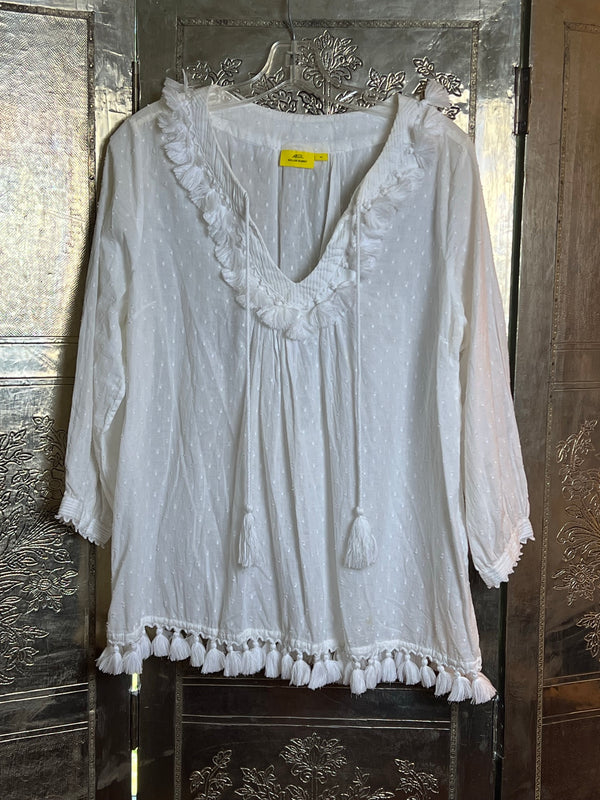 Roller Rabbit Hafsa White Tassel Blouse Size M photo 1