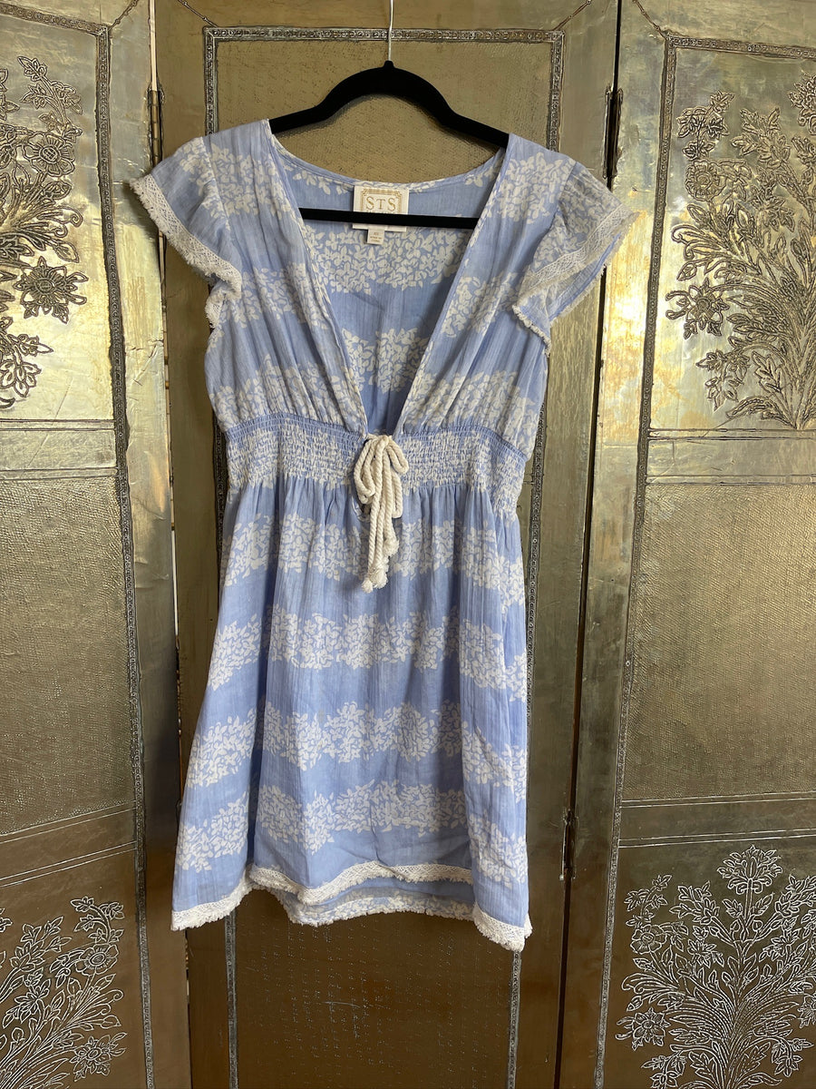 Sail to Sable Blue White Printed V Neck Tie Waist Dress Size XS photo 1