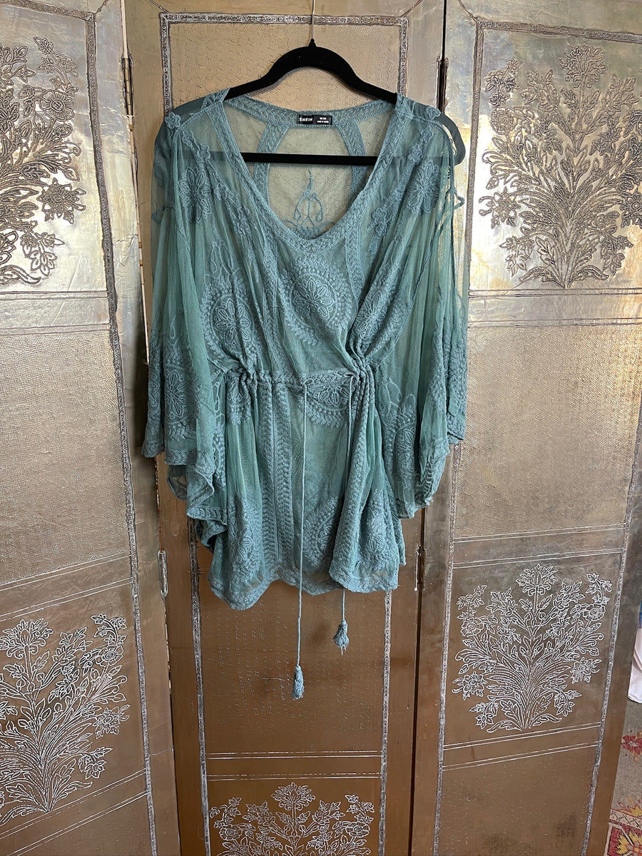 Shein Sage Green Embroidered Mesh Drawstring Tunic Top photo 2
