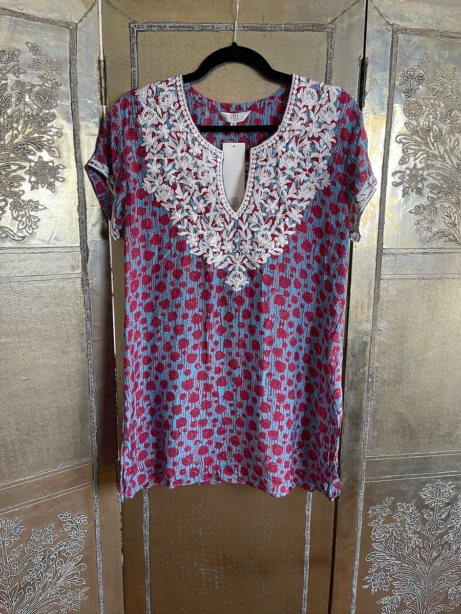 Sulu Collection Blue Red Floral Embroidered Tunic Size 8 photo 1