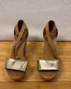 See by Chloé Metallic Gold Leather Cork Wedge Sandals Size 38 — 01 front