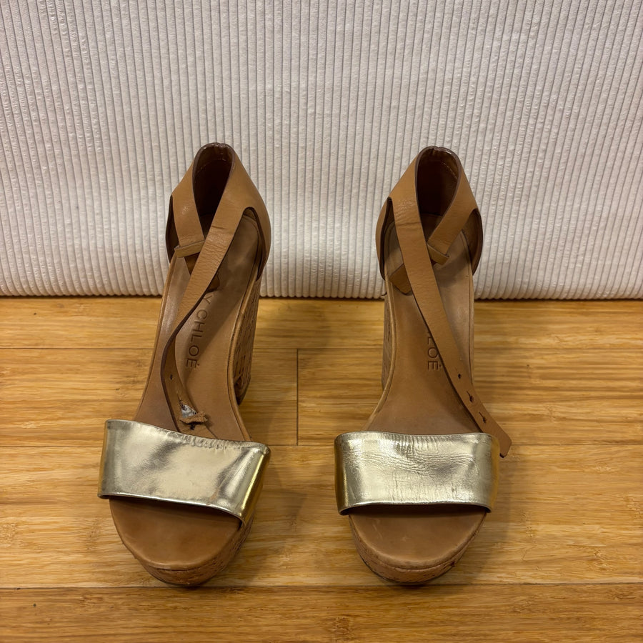 See by Chloé Metallic Gold Leather Cork Wedge Sandals Size 38 — 01 front