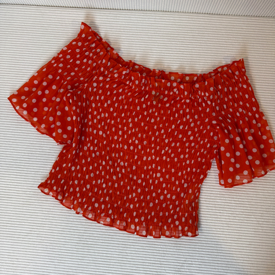 L'AGENCE Bardot Polka Dot Silk Blouse Size S-P — 01 front