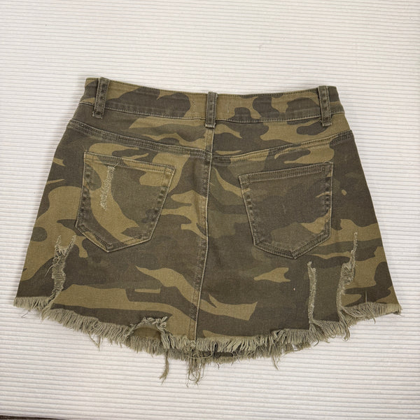 Dance & Marvel Distressed Camouflage Denim Mini Skirt — 01 front