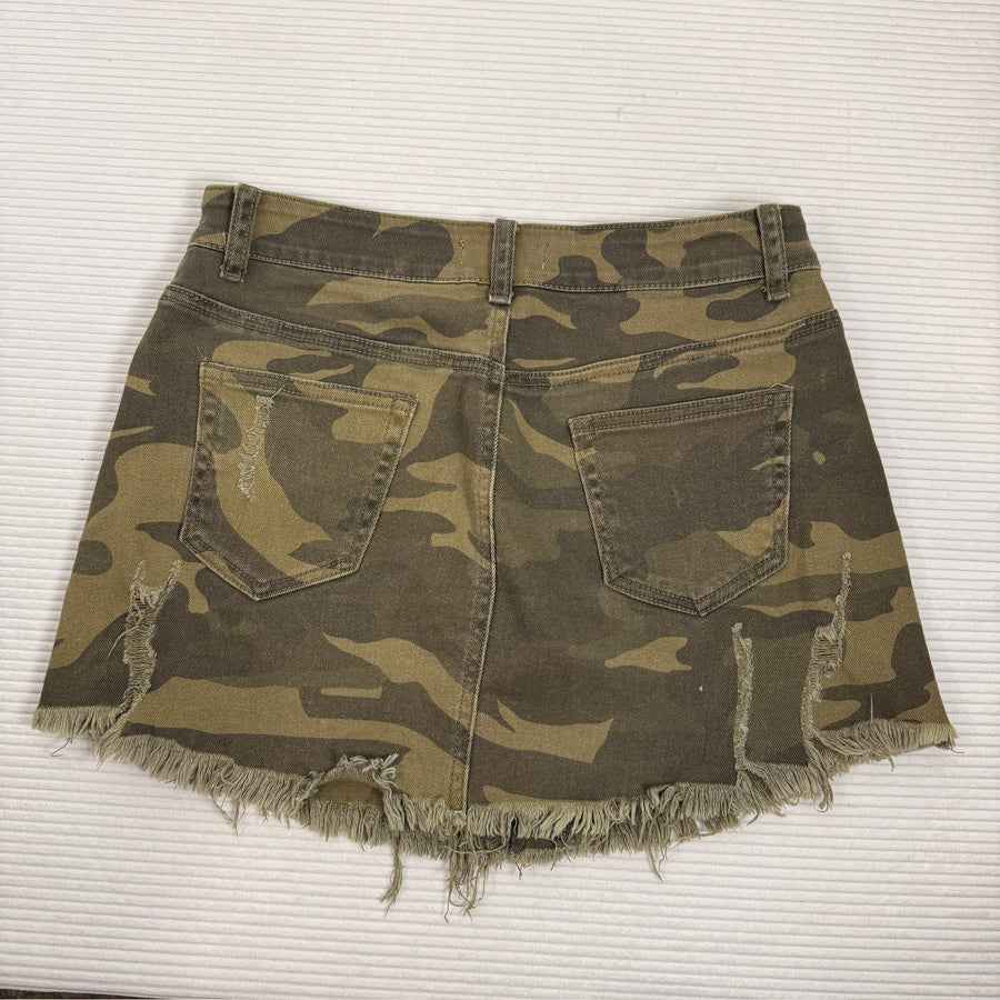 Dance & Marvel Distressed Camouflage Denim Mini Skirt — 01 front