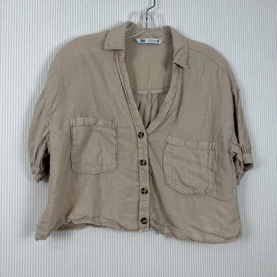 Zara Tan Short-Sleeve Button-Down Crop Top Size EUR S (USA S, MEX 26) — 01 front