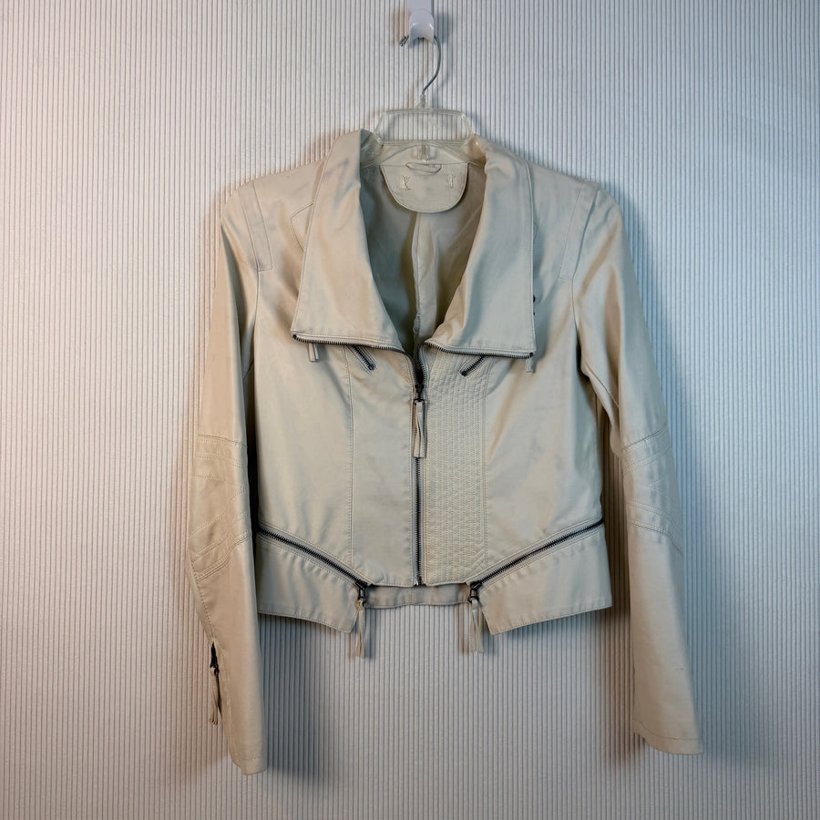 Beige Faux-Leather Moto Jacket Size L — 01 front