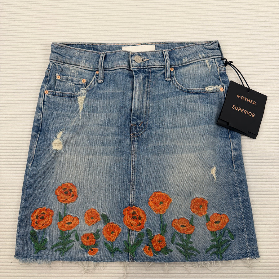 MOTHER Embroidered Denim Skirt Size 26 — 01 front
