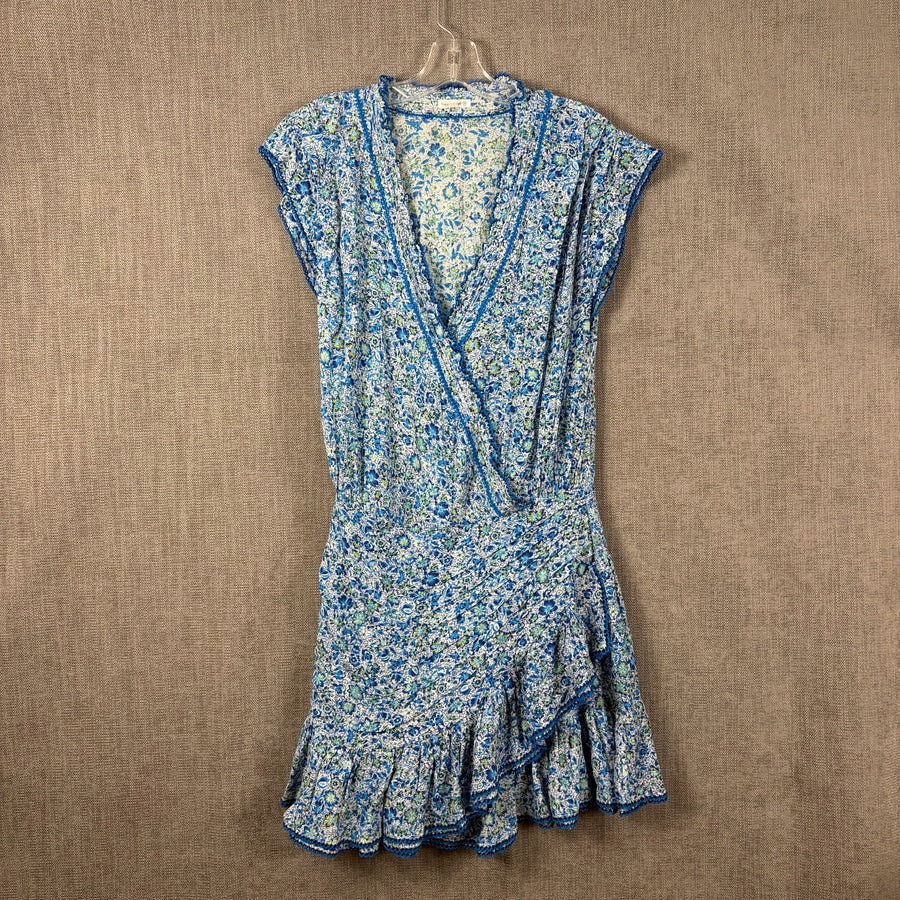 Front view of Poupette St Barth blue floral pull-on mini dress size M