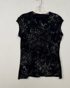 Black Silver Floral Damask Cap-Sleeve Top — Front