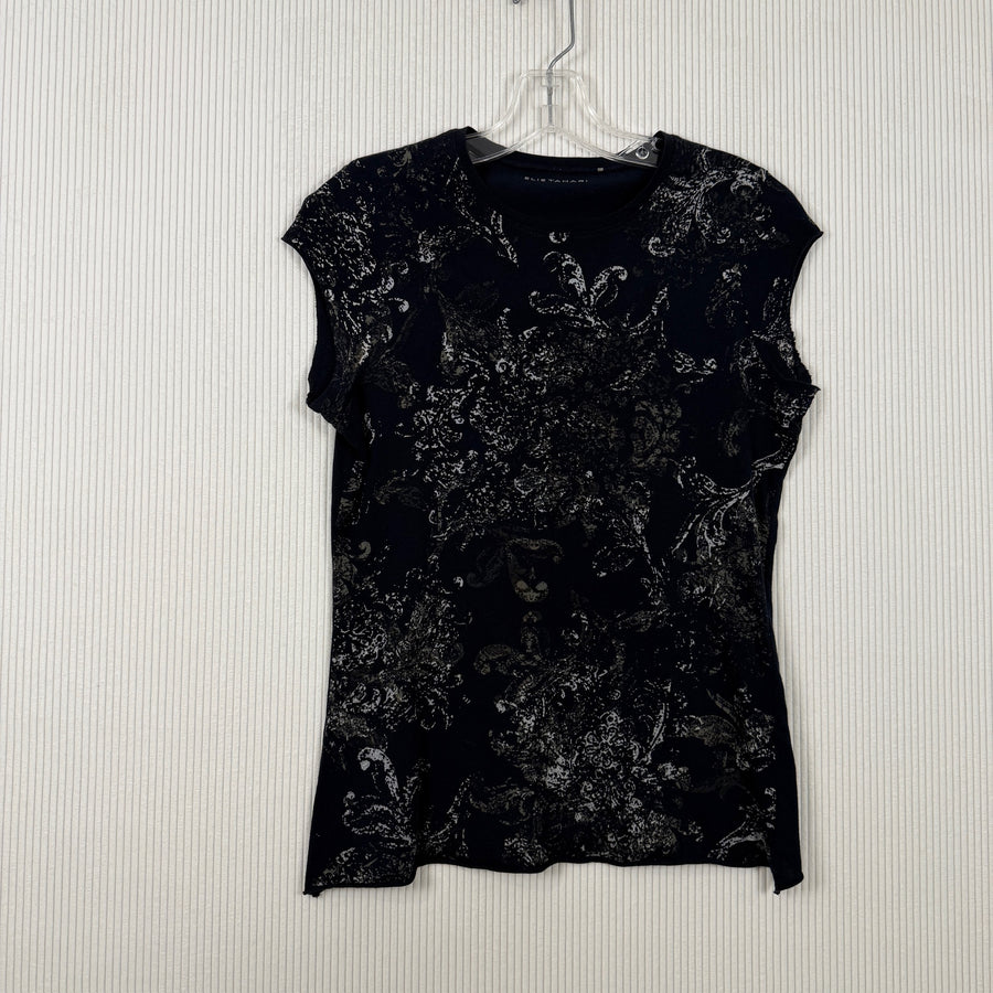 Black Silver Floral Damask Cap-Sleeve Top — Front