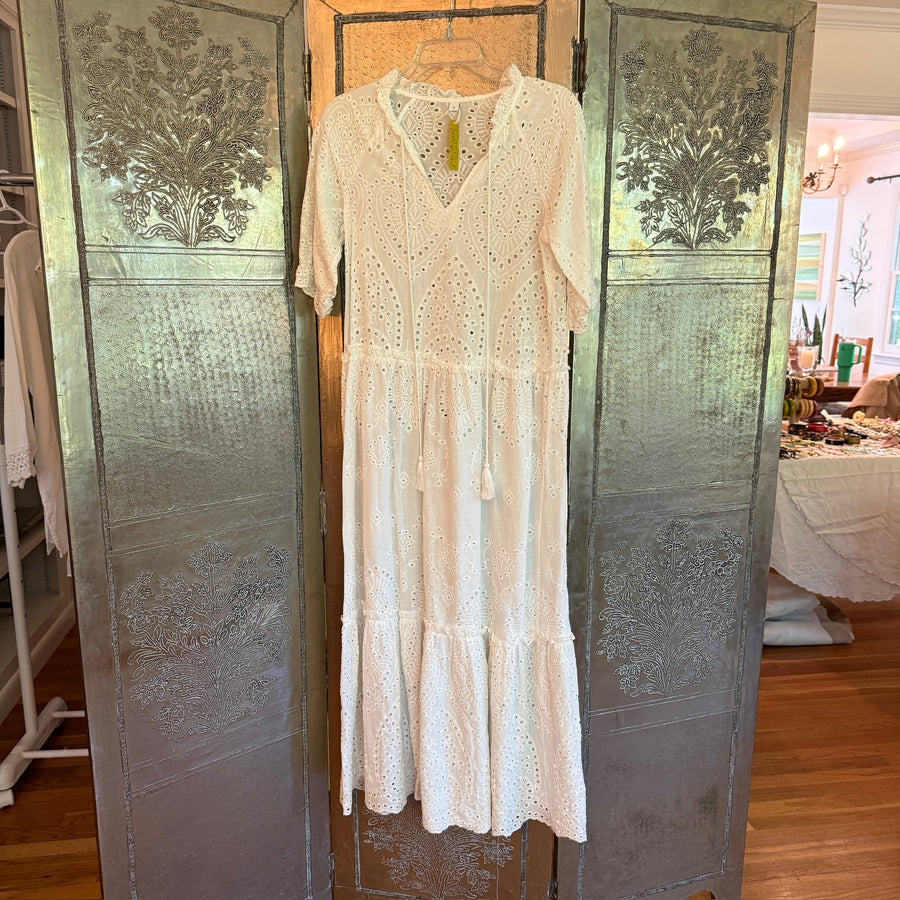 Just Hold On White Eyelet Midi Dress Size S — Front